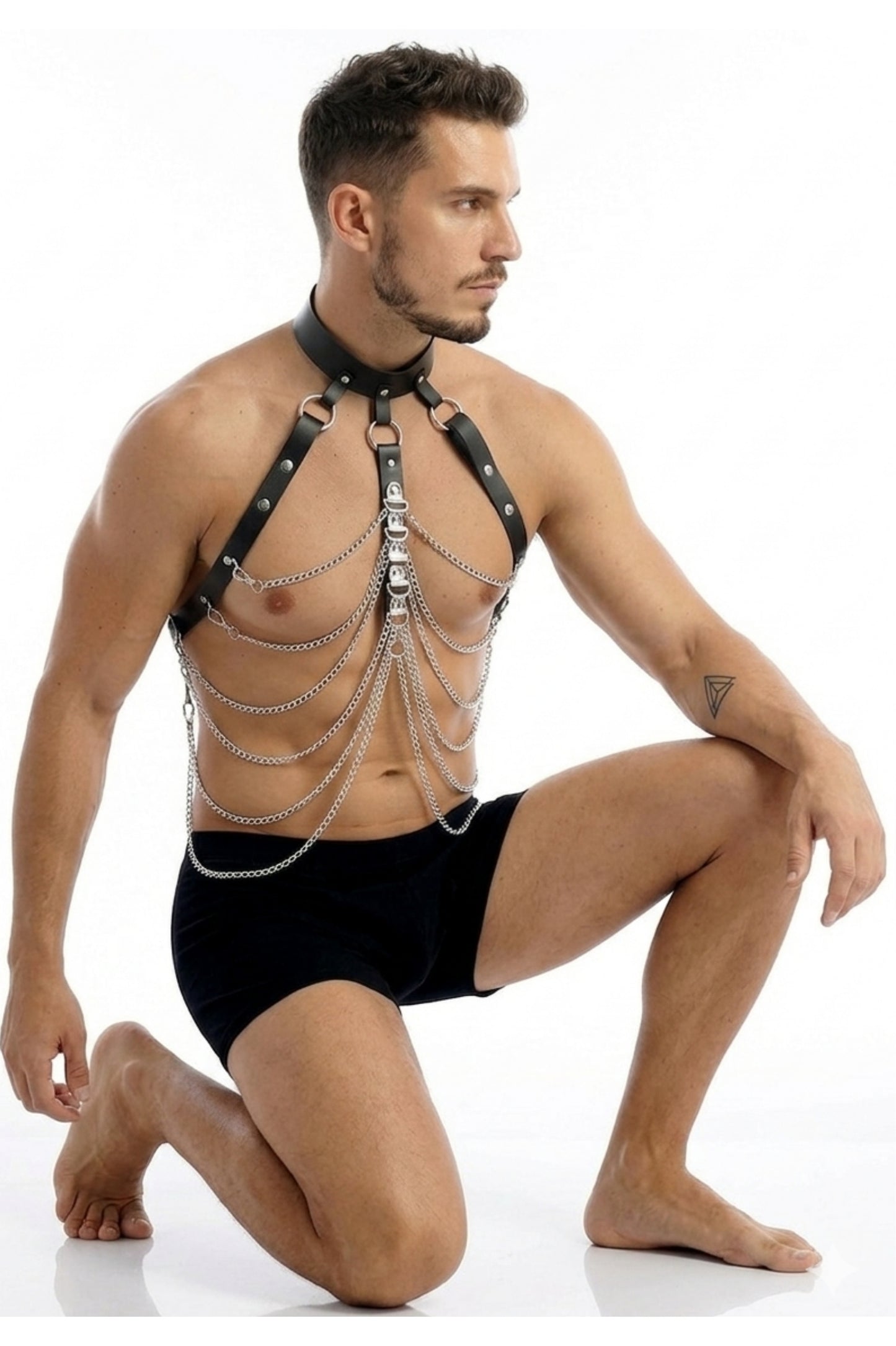 502-Gümüş Zincir Detaylı Erkek Deri Harness - Çok Katmanlı Boyun Tasmalı Vücut Zinciri