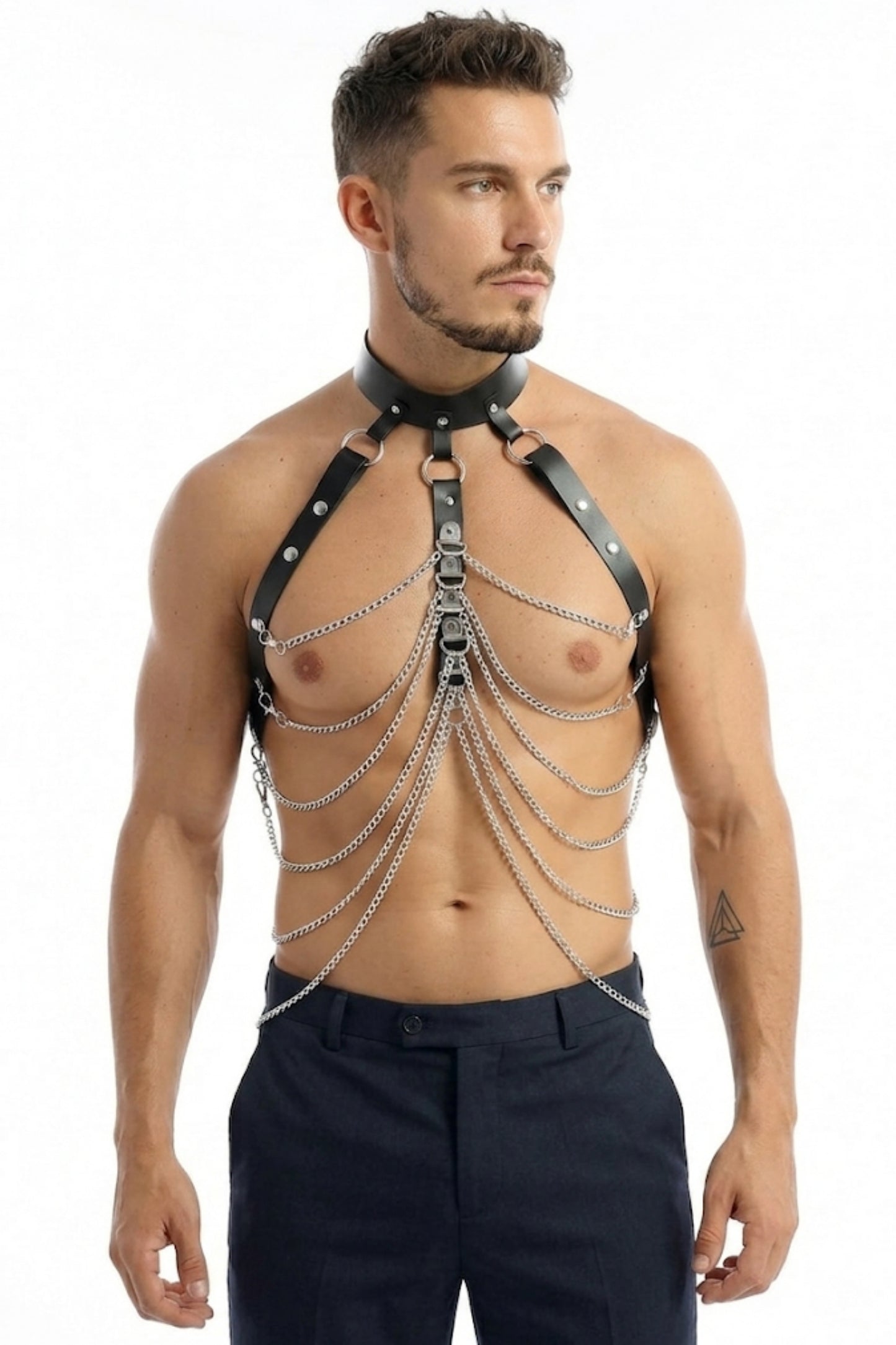 502-Gümüş Zincir Detaylı Erkek Deri Harness - Çok Katmanlı Boyun Tasmalı Vücut Zinciri