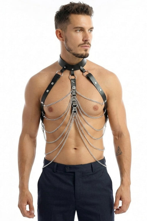502-Gümüş Zincir Detaylı Erkek Deri Harness - Çok Katmanlı Boyun Tasmalı Vücut Zinciri